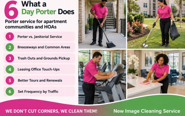 Day porter sweeping an apartment community breezeway in Richmond, VA