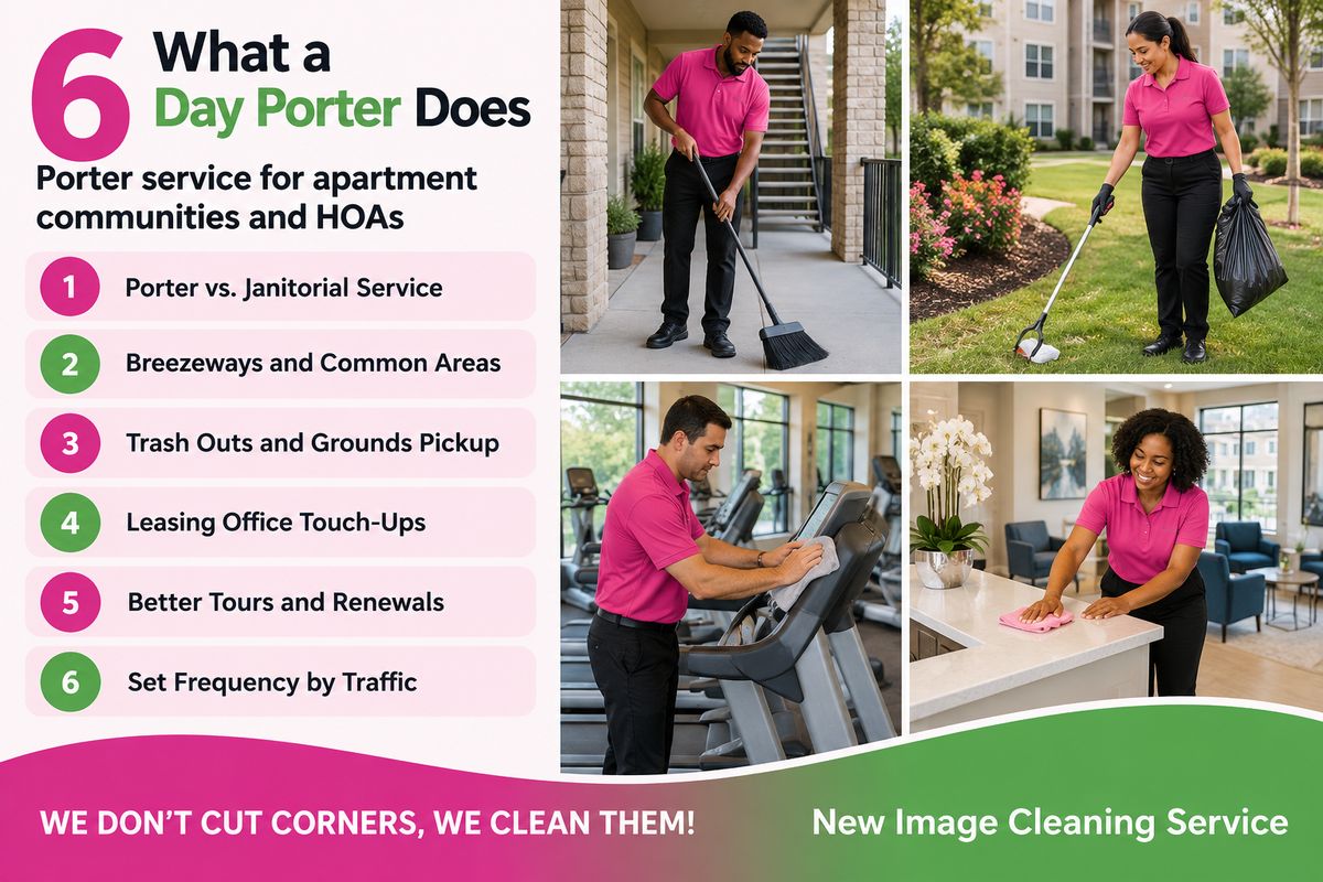 Day porter sweeping an apartment community breezeway in Richmond, VA
